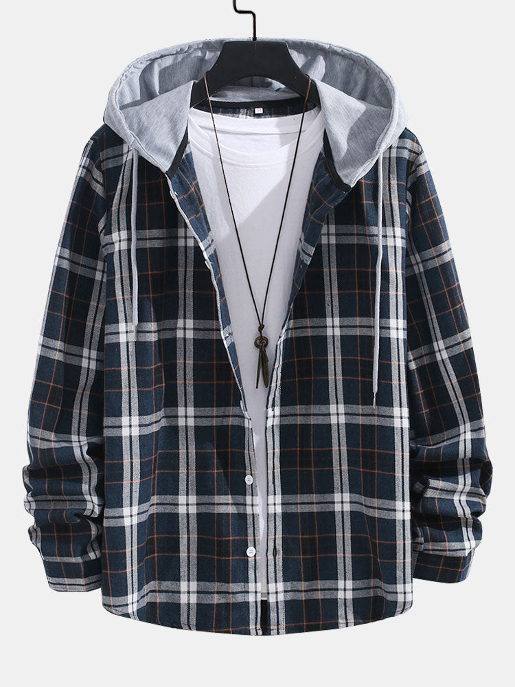 Contrast Plaid Button Up Hoodie Shirt