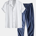 Geometric Jacquard Textured Cuban Shirt & Linen Cotton Blend Pants Set