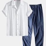 Geometric Jacquard Textured Cuban Shirt & Linen Cotton Blend Pants Set