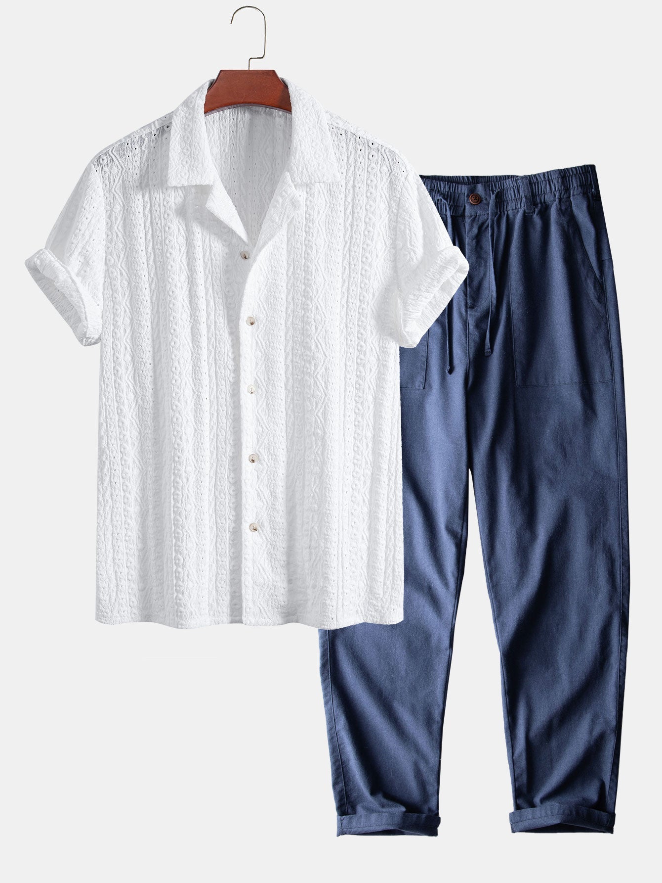 Geometric Jacquard Textured Cuban Shirt & Linen Cotton Blend Pants Set
