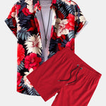 Tropical Flowers Print Shirt & Solid Drawstring Swim Shorts Set