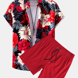 Tropical Flowers Print Shirt & Solid Drawstring Swim Shorts Set