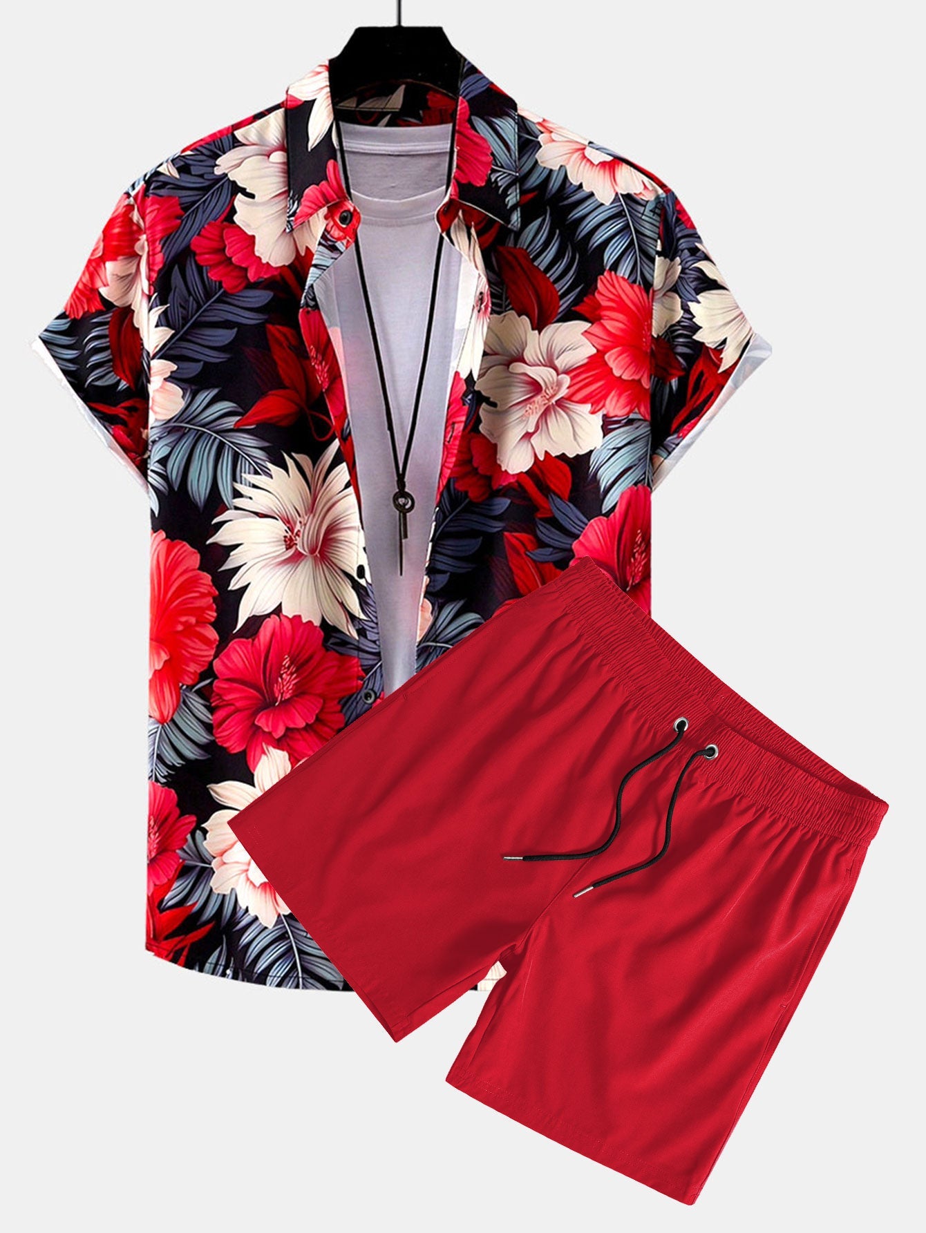 Tropical Flowers Print Shirt & Solid Drawstring Swim Shorts Set