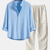 Long Sleeve Muscle Fit Ribbed Stand Collar Shirt & Linen Pants Set