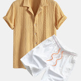 Knitted Geometric Textured Cuban Shirt & Man Mid Length Drawstring Swim Set