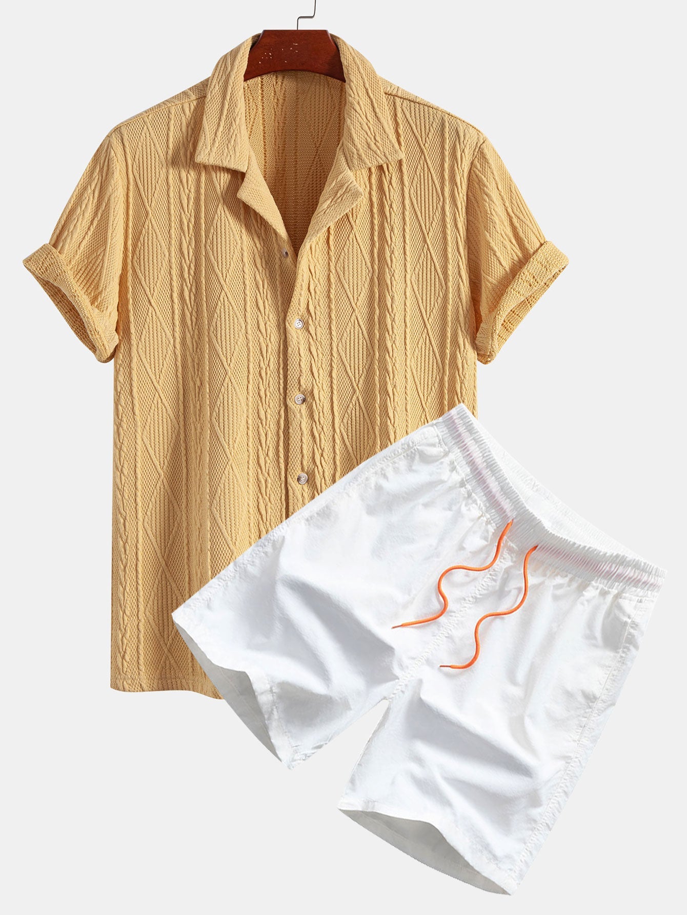 Knitted Geometric Textured Cuban Shirt & Man Mid Length Drawstring Swim Set