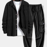 Corduroy Cuban Collar Shirt & Drawstring Corduroy Cargo Jogger Pants Set