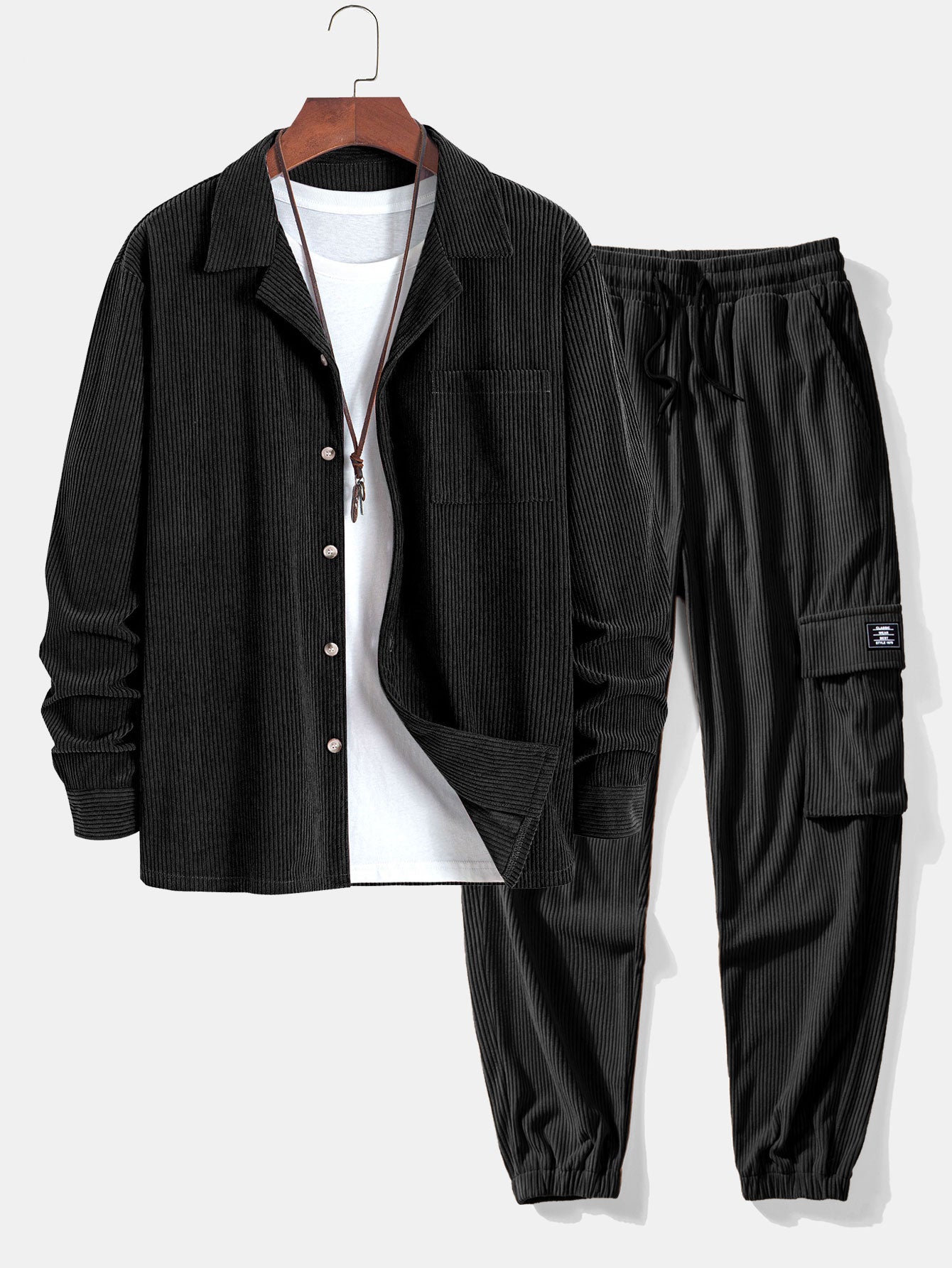 Corduroy Cuban Collar Shirt & Drawstring Corduroy Cargo Jogger Pants Set