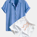 Knitted Geometric Textured Cuban Shirt & Man Mid Length Drawstring Swim Set