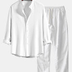 Long Sleeve Muscle Fit Ribbed Stand Collar Shirt & Linen Pants Set