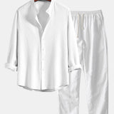 Long Sleeve Muscle Fit Ribbed Stand Collar Shirt & Linen Pants Set