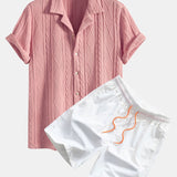 Knitted Geometric Textured Cuban Shirt & Man Mid Length Drawstring Swim Set