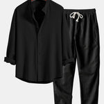 Long Sleeve Muscle Fit Ribbed Stand Collar Shirt & Linen Pants Set