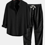 Long Sleeve Muscle Fit Ribbed Stand Collar Shirt & Linen Pants Set