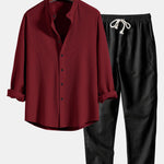 Long Sleeve Muscle Fit Ribbed Stand Collar Shirt & Linen Pants Set