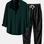 Long Sleeve Muscle Fit Ribbed Stand Collar Shirt & Linen Pants Set
