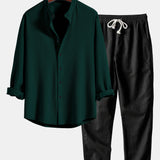 Long Sleeve Muscle Fit Ribbed Stand Collar Shirt & Linen Pants Set