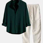 Long Sleeve Muscle Fit Ribbed Stand Collar Shirt & Linen Pants Set