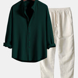 Long Sleeve Muscle Fit Ribbed Stand Collar Shirt & Linen Pants Set
