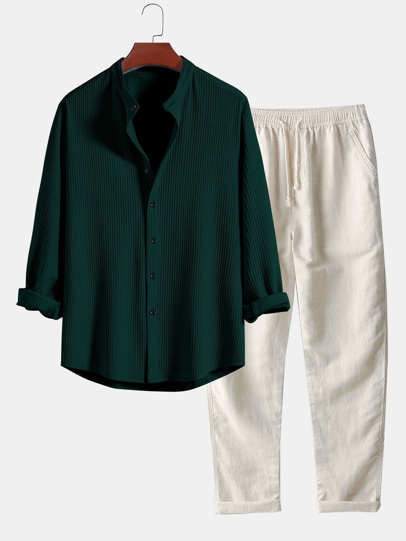 Long Sleeve Muscle Fit Ribbed Stand Collar Shirt & Linen Pants Set