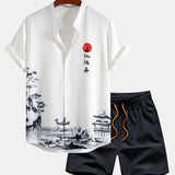 Ink Landscape Painting Shirt & Man Mid Length Drawstring Swim Shorts Set
