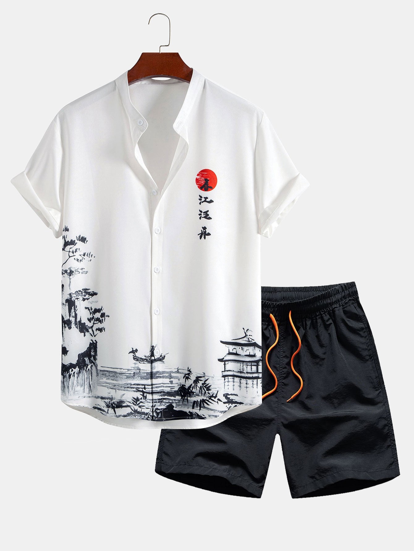 Ink Landscape Painting Shirt & Man Mid Length Drawstring Swim Shorts Set