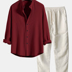 Long Sleeve Muscle Fit Ribbed Stand Collar Shirt & Linen Pants Set
