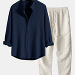 Long Sleeve Muscle Fit Ribbed Stand Collar Shirt & Linen Pants Set