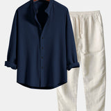 Long Sleeve Muscle Fit Ribbed Stand Collar Shirt & Linen Pants Set