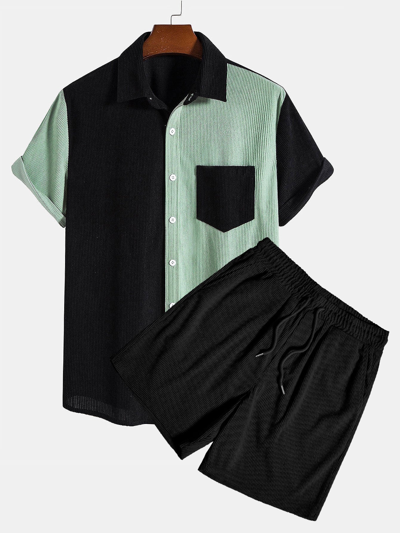 Short Sleeve Two-Tone Corduroy Shirt & Corduroy Shorts Set
