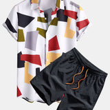 Geometric Color Block Print Shirt & Swim Shorts Set