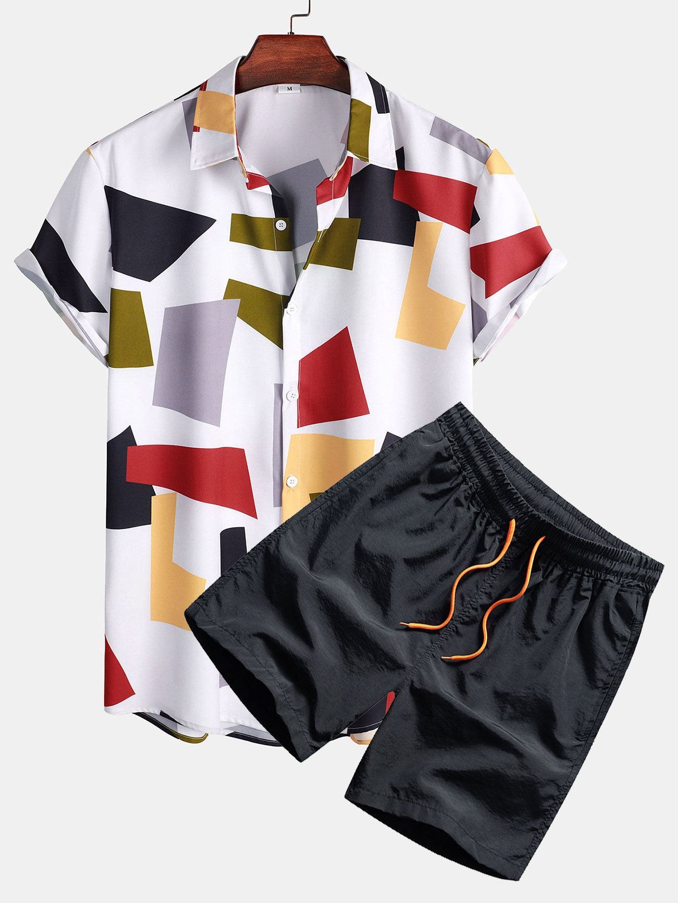 Geometric Color Block Print Shirt & Swim Shorts Set