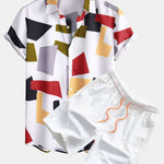 Geometric Color Block Print Shirt & Swim Shorts Set