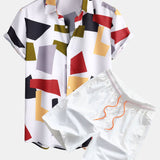Geometric Color Block Print Shirt & Swim Shorts Set