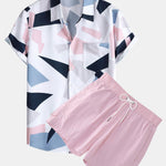 Geometric Print Shirt with Pocket & Short Length Swim Shorts Set