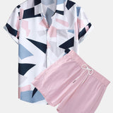 Geometric Print Shirt with Pocket & Short Length Swim Shorts Set