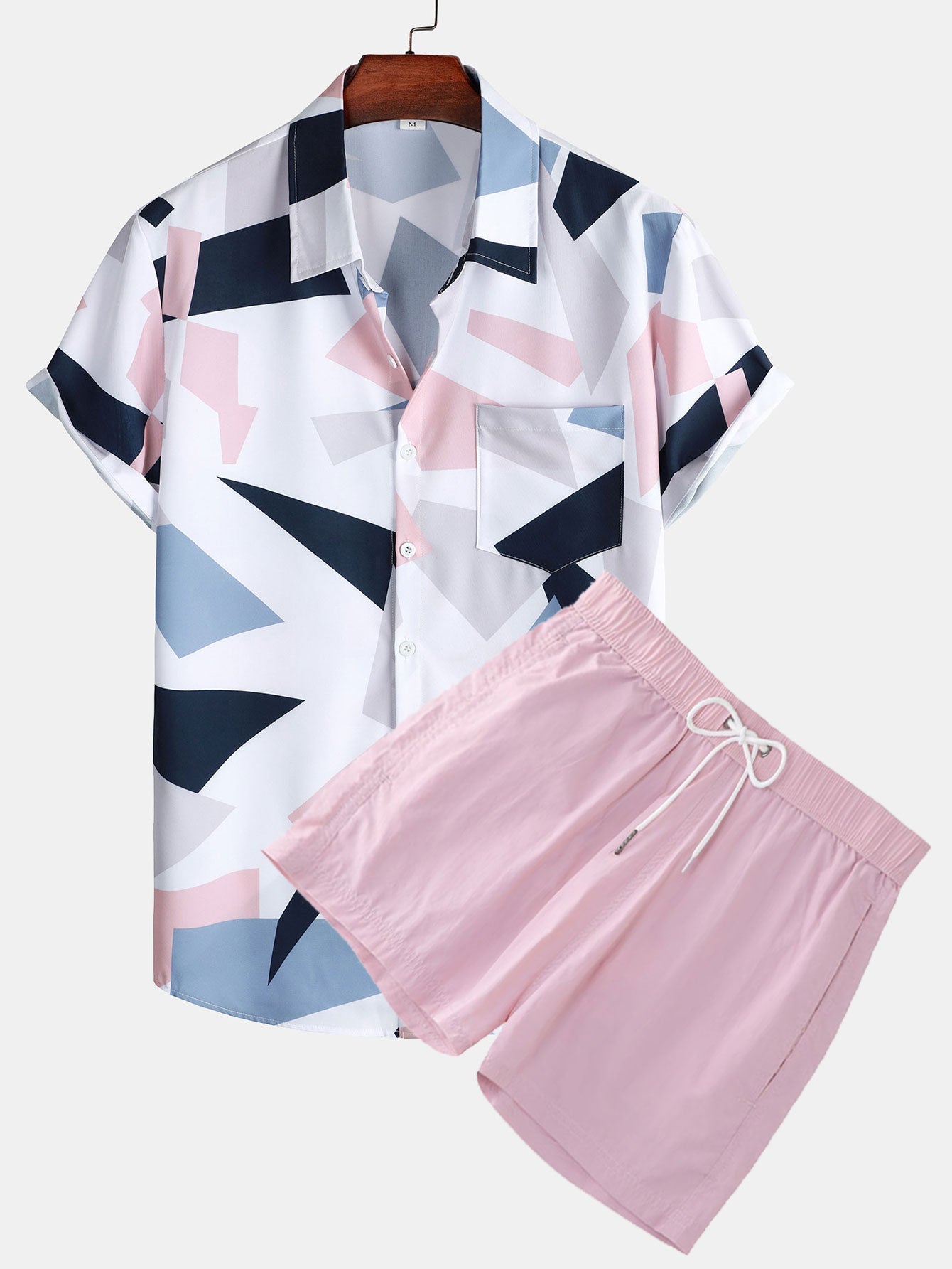 Geometric Print Shirt with Pocket & Short Length Swim Shorts Set
