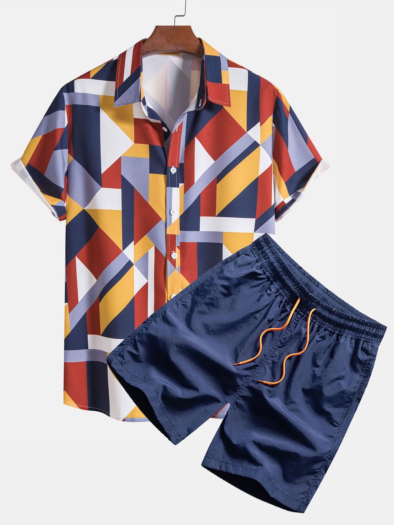 Geometric Print Shirt & Swim Shorts Set