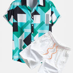 Color Block Stripe Print Shirt & Swim Shorts Set