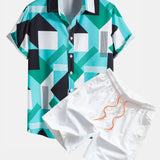 Color Block Stripe Print Shirt & Swim Shorts Set