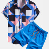Color Block Stripe Print Shirt & Swim Shorts Set
