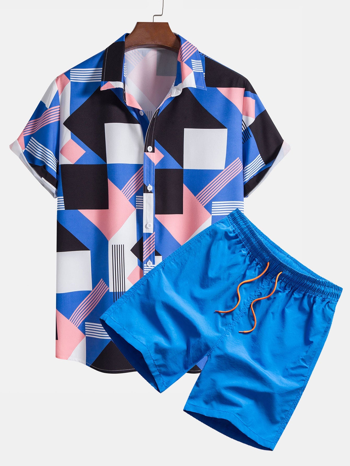 Color Block Stripe Print Shirt & Swim Shorts Set