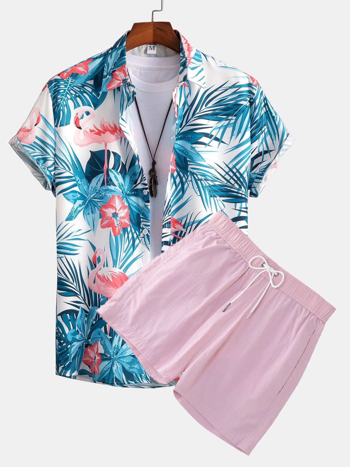 Flamingo Tropical Print Shirt & Short Length Swim Shorts Set