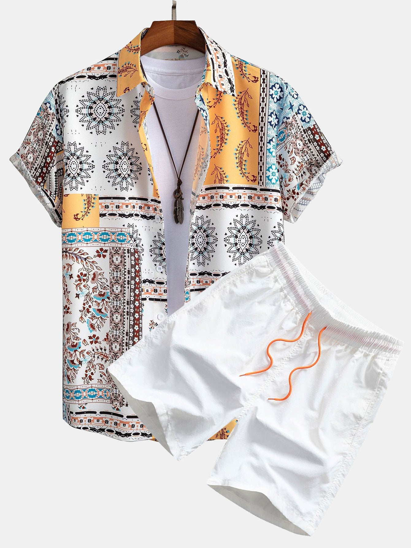 Scarf Print Shirt & Swim Shorts Set