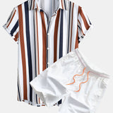 Colored Striped Print Shirt & Swim Shorts Set