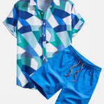 Color Block Geometric Print Shirt & Swim Shorts Set