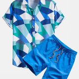 Color Block Geometric Print Shirt & Swim Shorts Set
