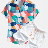Color Block Geometric Print Shirt & Swim Shorts Set
