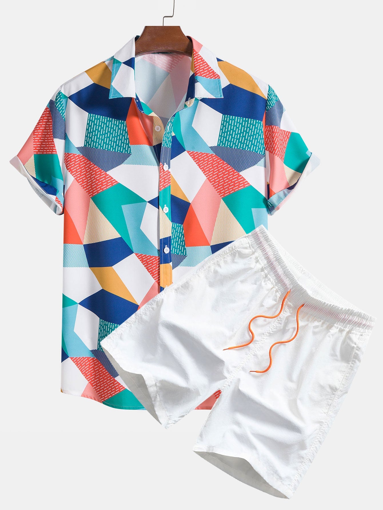 Color Block Geometric Print Shirt & Swim Shorts Set
