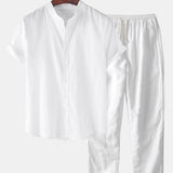 Linen Short Sleeve Basic Shirts & Straight Leg Linen Pants Set